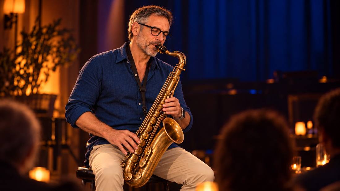 Lucan with his tenor saxophone in a concert hall